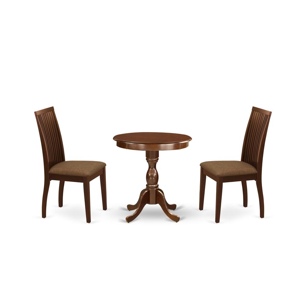 East West Furniture - ESIP3-MAH-C - 3-Pc Modern Dining Room Table Set - 2 Wood Dining Chairs and 1 Kitchen Dining Table (Mahogany Finish). Picture 1