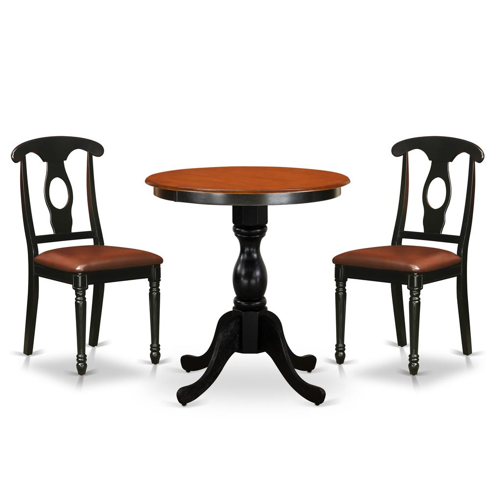 East West Furniture 3-Piece Table Set Contains a Dinner Table and 2 Faux Leather Kitchen Chairs with Napoleon Back - Black Finish. Picture 2