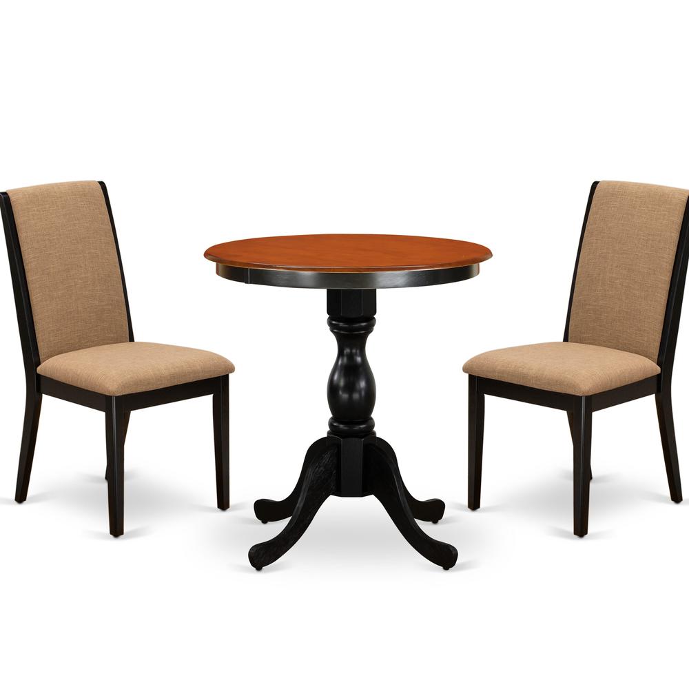 East West Furniture 3-Piece Dinner Table Set Include a Wood Table and 2 Light Sable Linen Fabric Padded Chairs with Stylish High Back - Black Finish. Picture 2