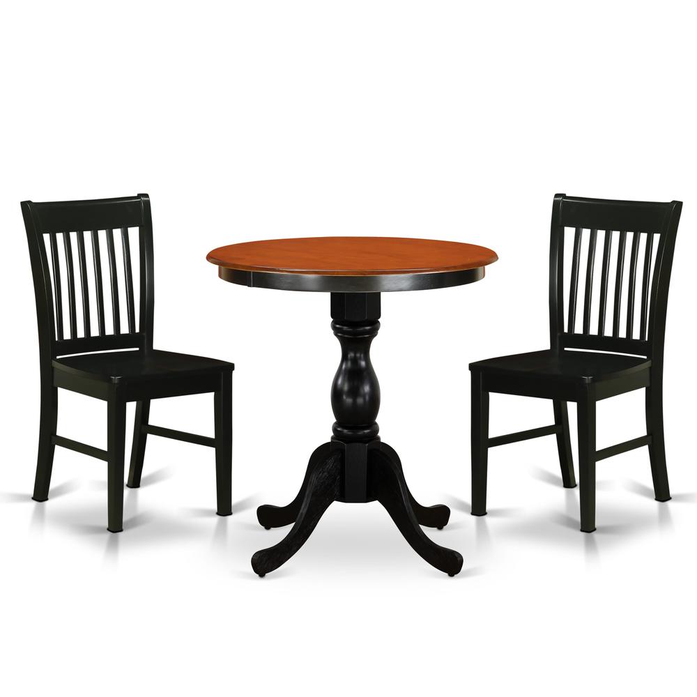 East West Furniture 3-Piece Kitchen Dining Table Set Include a Dinner Table and 2 Wood Chairs with Slatted Back - Black Finish. Picture 1