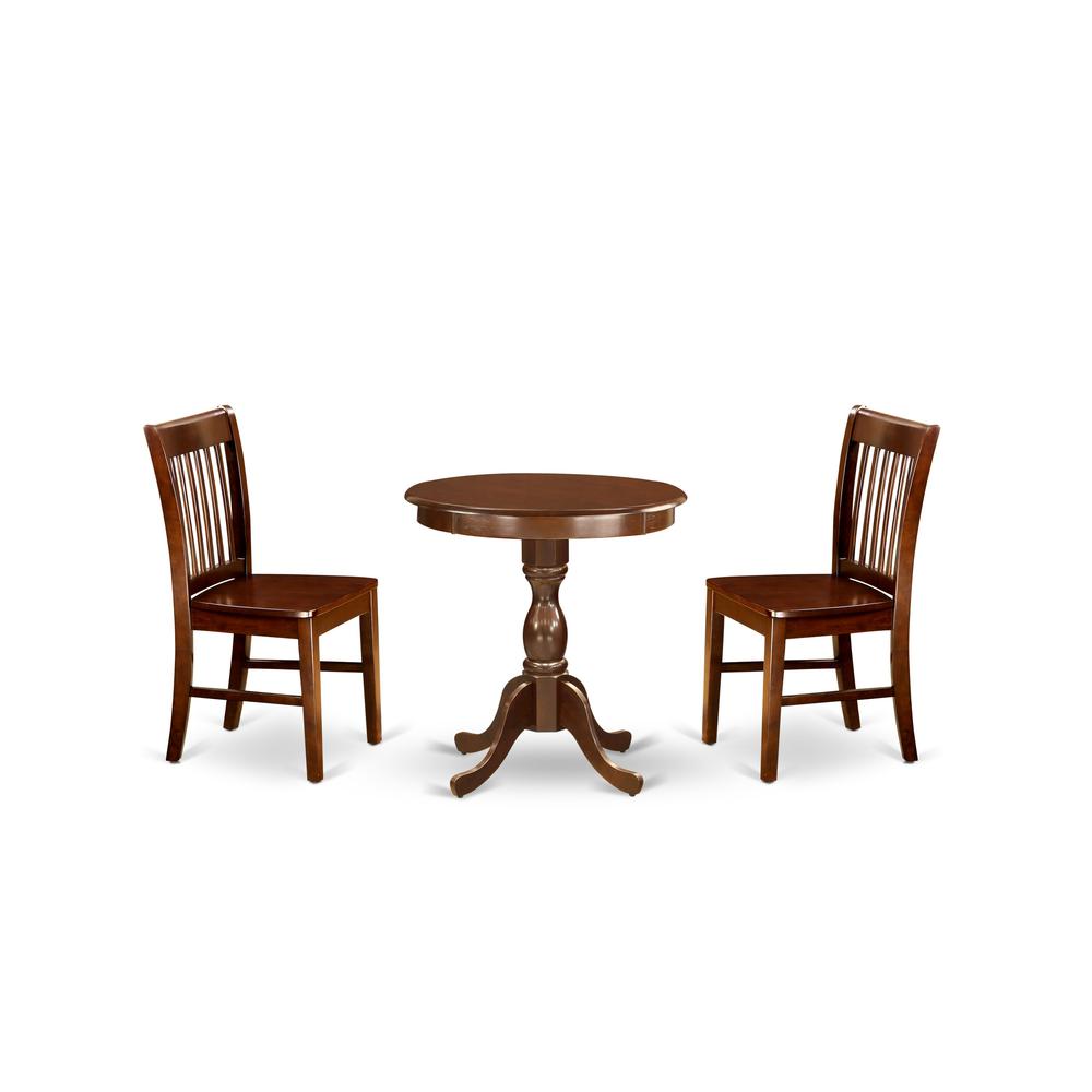 East West Furniture - ESNF3-MAH-W - 3-Pc Dining Room Table Set - 2 Wooden Dining Chairs and 1 Kitchen Dining Table (Mahogany Finish). Picture 1
