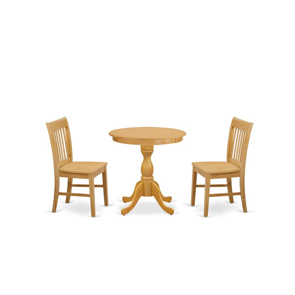 East West Furniture - ESNF3-OAK-W - 3-Pc Kitchen Table Set - 2 Dining Room Chairs and 1 Modern Dining Table (Oak Finish). Picture 1
