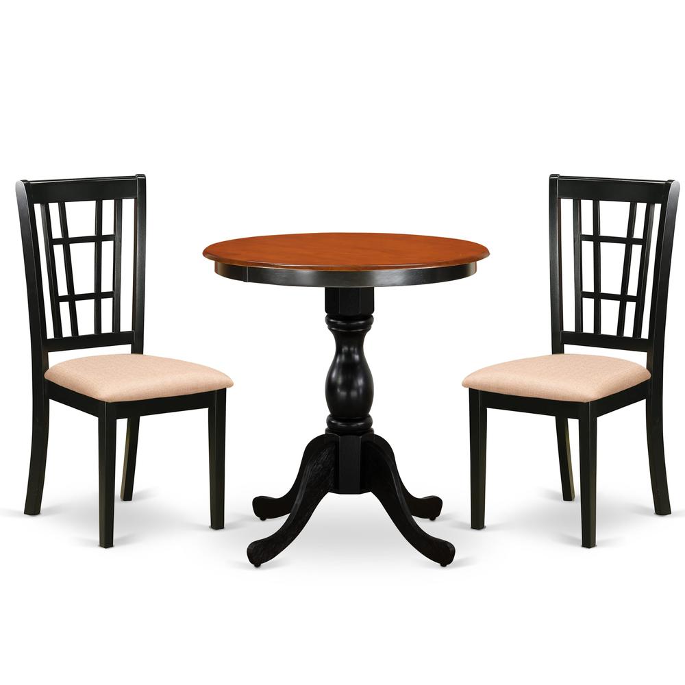 East West Furniture 3-Piece Dining Table Set Include a Modern Dining Table and 2 Linen Fabric Dining Room Chairs with Slatted Back- Black Finish. Picture 2