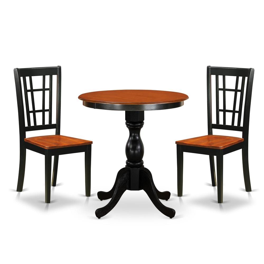 East West Furniture 3-Piece Dining Table Set Include a Round Dining Table and 2 Wooden Chairs with Slatted Back - Black Finish. Picture 2