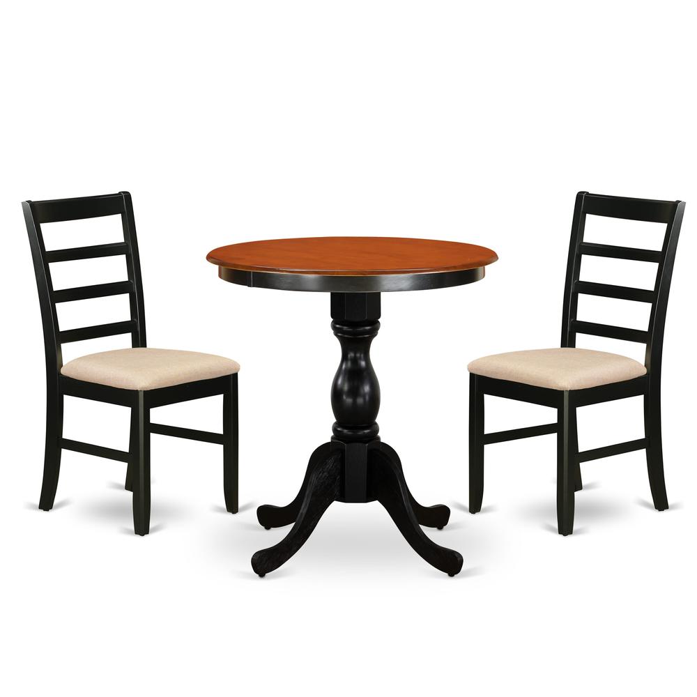 East West Furniture 3-Piece Dining Room Set Include a Wood Table and 2 Linen Fabric Kitchen Chairs with Ladder Back - Black Finish. Picture 2