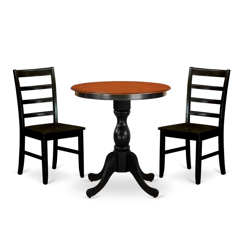 East West Furniture 3-Piece Mid Century Dining Set Contains a Dinner Table and 2 Mid Century Chairs with Ladder Back - Black Finish. Picture 2