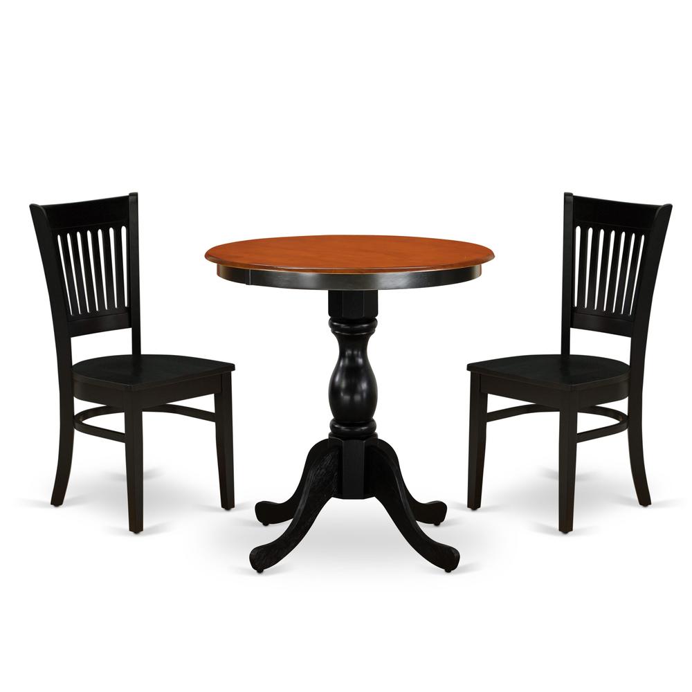 East West Furniture 3-Piece Dinette Set Contains a Kitchen Table and 2 Dining Chairs with Slatted Back - Black Finish. Picture 1