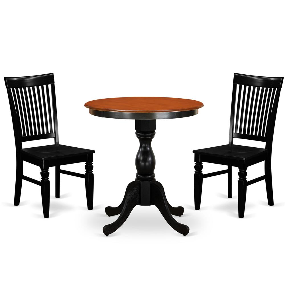 East West Furniture 3-Piece Dining Set Include a Wooden Dining Table and 2 Dining Chairs with Slatted Back - Black Finish. Picture 2