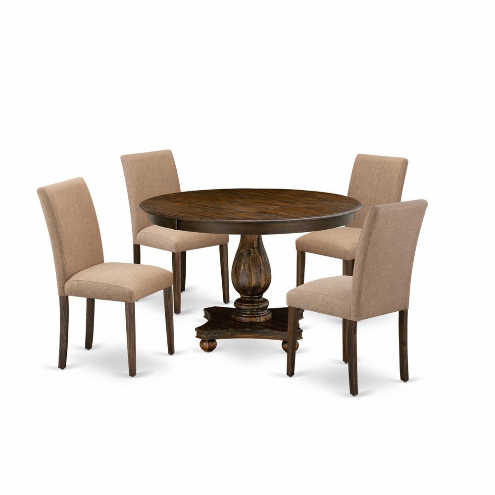 East West Furniture 5 Piece Kitchen Dining Table Set Includes a Dining Table and 4 Light Sable Linen Fabric Dining Chairs with High Back - Distressed Jacobean Finish. Picture 2