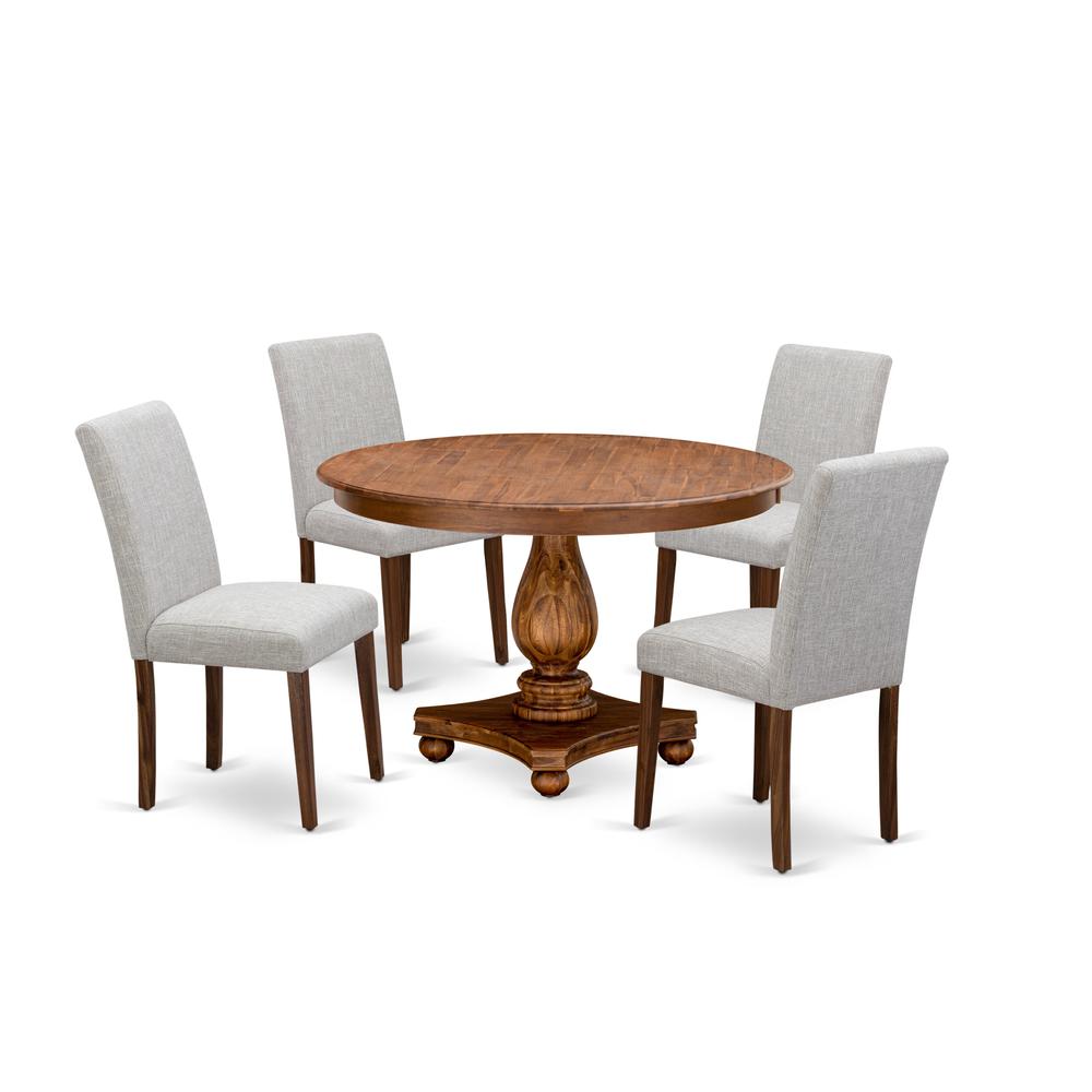East West Furniture 5-Piece Dinette Set - Pedestal Dinner Table and 4 Doeskin Color Parson Wooden Chairs with High Back - Antique Walnut Finish. Picture 2