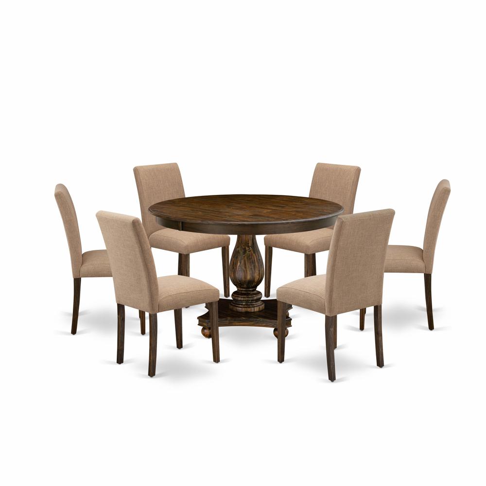 East West Furniture 7 Piece Dining Room Set Contains a Modern Dining Table and 6 Light Sable Linen Fabric Dining Chairs with High Back - Distressed Jacobean Finish. Picture 2
