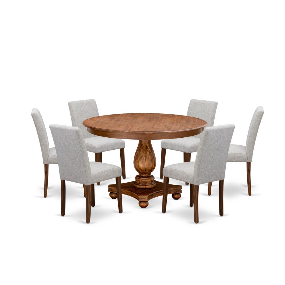 East West Furniture 7-Piece Dinette Set - Kitchen Pedestal Table and 6 Doeskin Color Parson Wood Chairs with High Back - Antique Walnut Finish. Picture 2