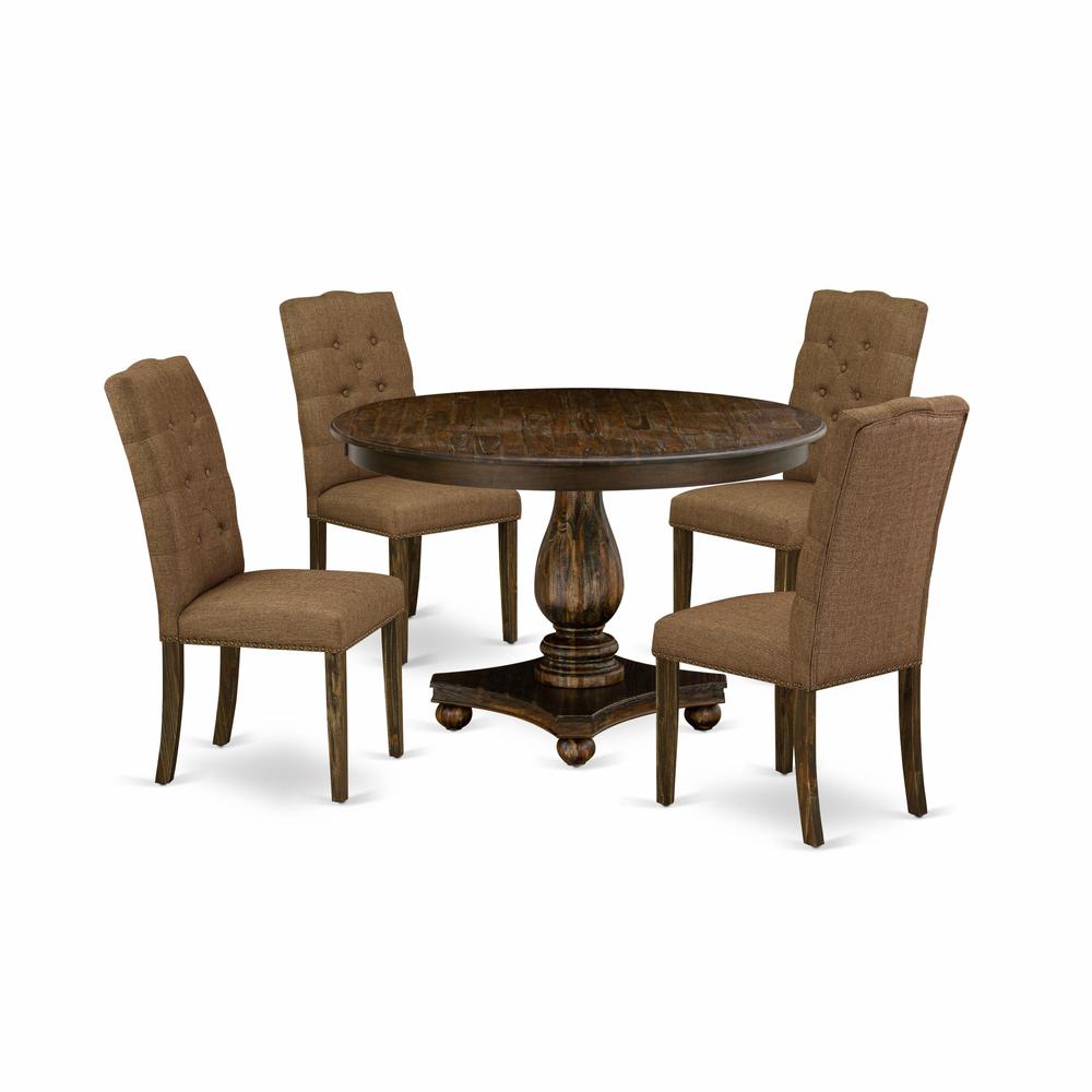 East West Furniture 5 Piece Table Set Consists of a Dining Room Table and 4 Brown Linen Fabric Mid Century Chairs with Button Tufted Back - Distressed Jacobean Finish. Picture 2