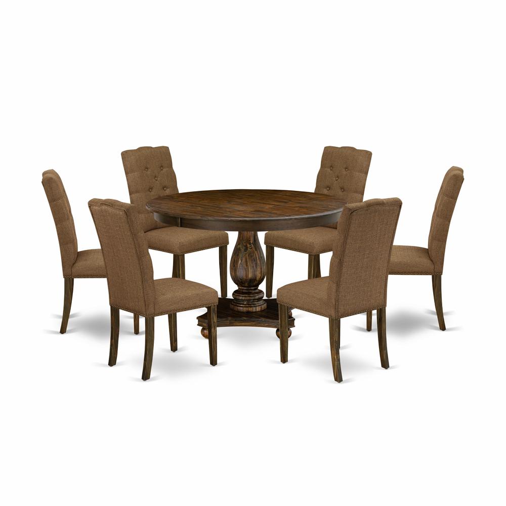 East West Furniture 7 Piece Modern Dining Table Set Consists of a Wooden Table and 6 Brown Linen Fabric Parson Chairs with Button Tufted Back - Distressed Jacobean Finish. Picture 2
