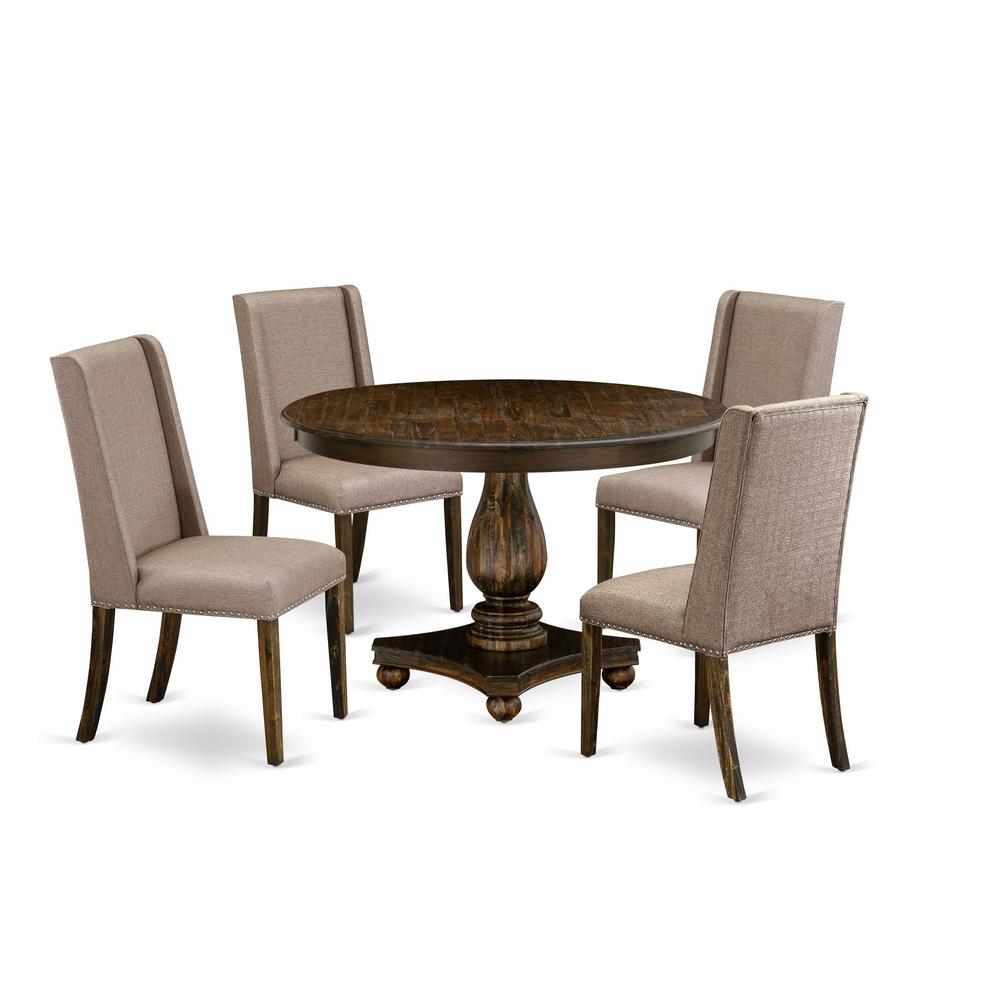 East West Furniture 5 Piece Dining Room Table Set Includes a Modern Dining Table and 4 Dark Khaki Linen Fabric Parson Chairs with High Back - Distressed Jacobean Finish. Picture 2
