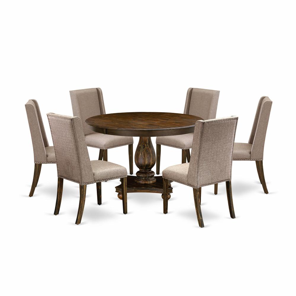 East West Furniture 7 Piece Modern Dining Set Contains a Dining Room Table and 6 Dark Khaki Linen Fabric Parson Chairs with High Back - Distressed Jacobean Finish. Picture 2