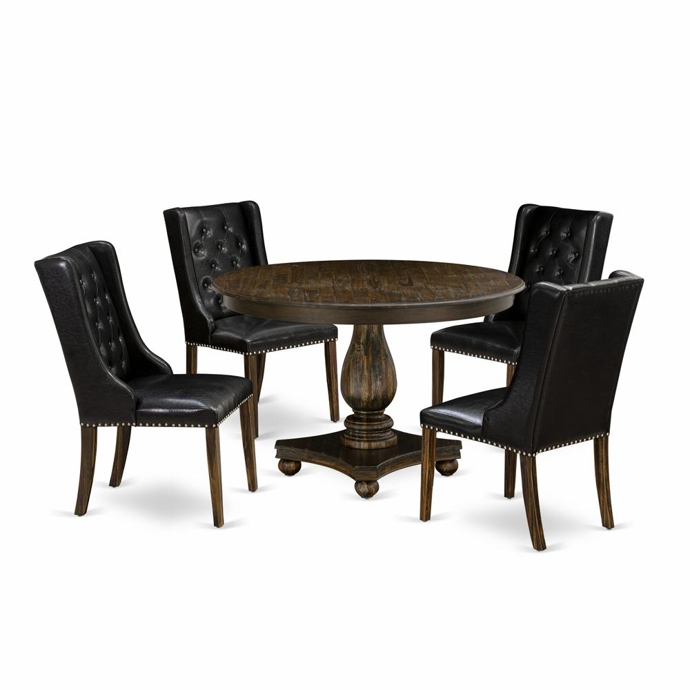 East West Furniture 5 Piece Dining Room Table Set Includes a Modern Dining Table and 4 Black PU Leather Kitchen Chairs with Button Tufted Back - Distressed Jacobean Finish. Picture 2