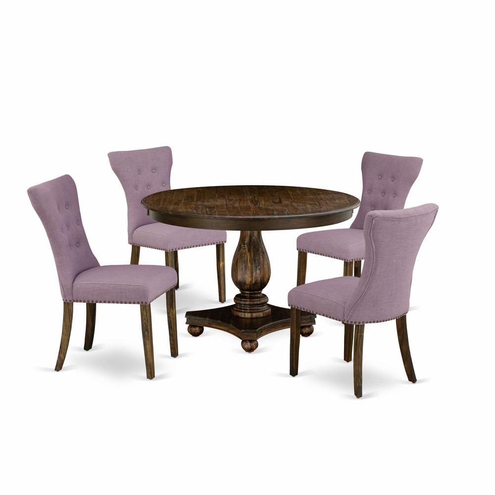 East West Furniture 5 Piece Modern Dining Set Includes a Dining Room Table and 4 Dahlia Linen Fabric Upholstered Chairs with Button Tufted Back - Distressed Jacobean Finish. Picture 1