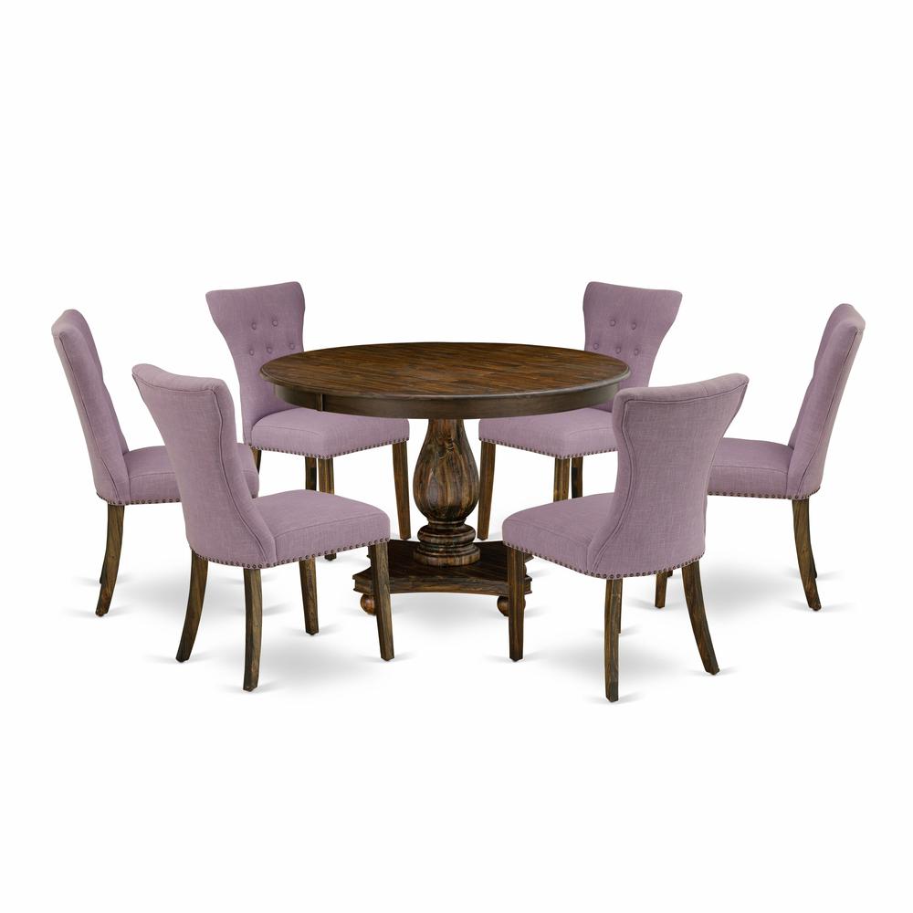 East West Furniture 7 Piece Dining Table Set Consists of a Wood Dining Table and 6 Dahlia Linen Fabric Mid Century Dining Chairs with Button Tufted Back - Distressed Jacobean Finish. Picture 2