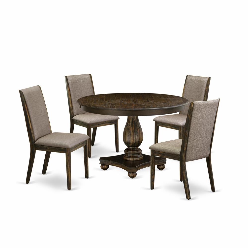 East West Furniture 5 Piece Dining Room Set Includes a Modern Dining Table and 4 Dark Khaki Linen Fabric Mid Century Dining Chairs with High Back - Distressed Jacobean Finish. Picture 2