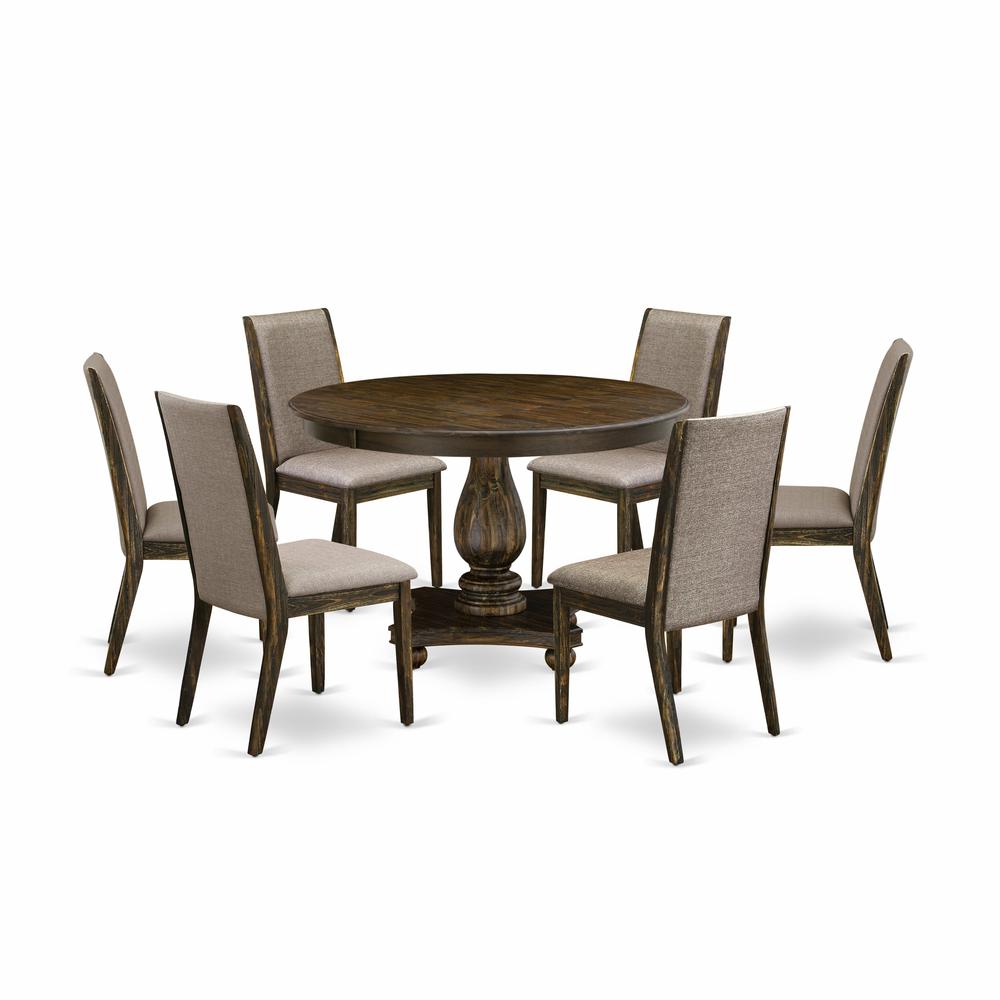 East West Furniture 7 Piece Dining Set Contains a Mid Century Modern Dining Table and 6 Dark Khaki Linen Fabric Dining Room Chairs with High Back - Distressed Jacobean Finish. Picture 2