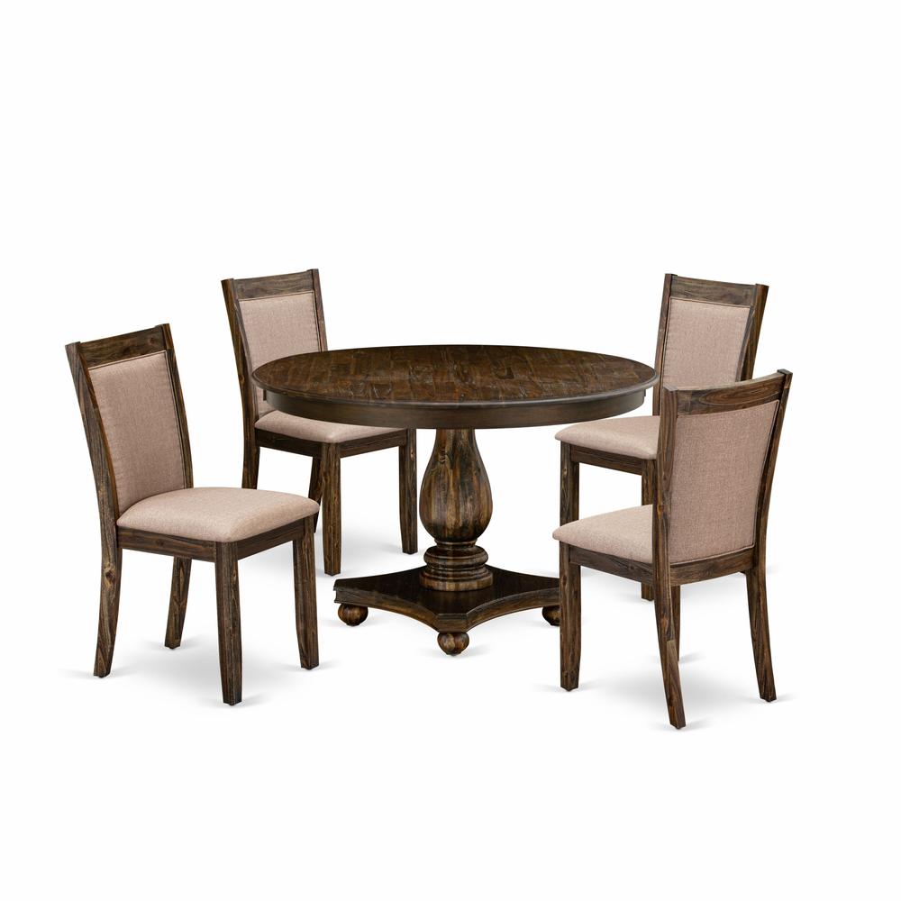 East West Furniture 5 Piece Dinner Table Set Includes a Kitchen Table and 4 Dark Khaki Linen Fabric Upholstered Dining Chairs with High Back - Distressed Jacobean Finish. Picture 2