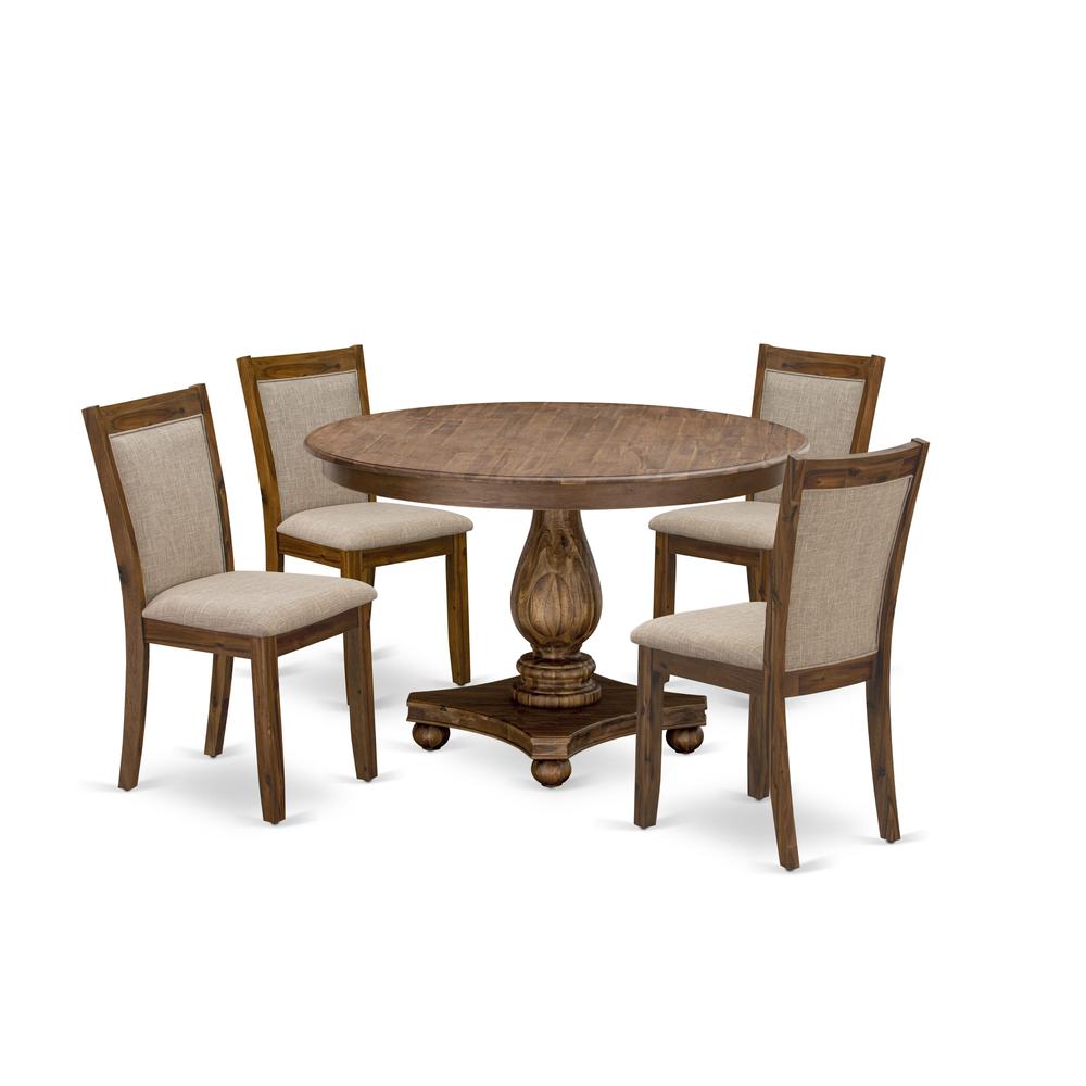 F2MZ5-N04 5-Pc Kitchen Dining Table Set - Pedestal Table and 4 Light Tan Parson Chairs with High Back - Antique Walnut Finish. Picture 2