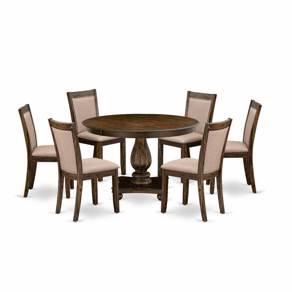 East West Furniture 7 Piece Dinner Table Set Includes a Dining Table and 6 Dark Khaki Linen Fabric Dining Chairs with High Back - Distressed Jacobean Finish. Picture 2