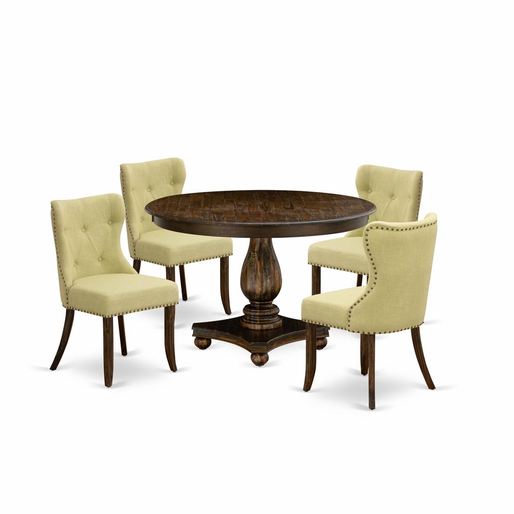 East West Furniture 5-Piece Kitchen Table Set - Pedestal Dining Table and 4 Limelight Color Parson Dining Room Chairs with Button Tufted Back - Distressed Jacobean Finish. Picture 2