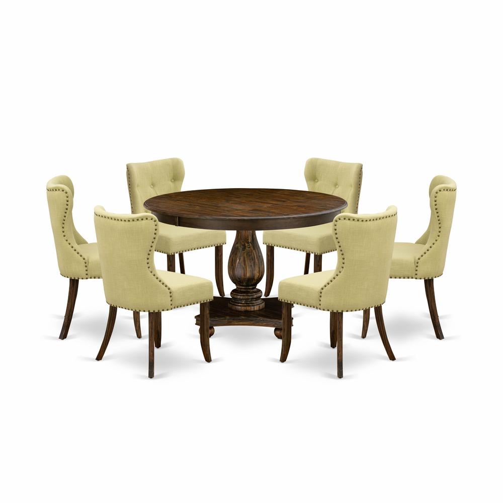 East West Furniture 7-Piece Pedestal Dinette Set - Round Dining Room Table and 6 Limelight Color Parson Wood Dining Chairs with Button Tufted Back - Distressed Jacobean Finish. Picture 2