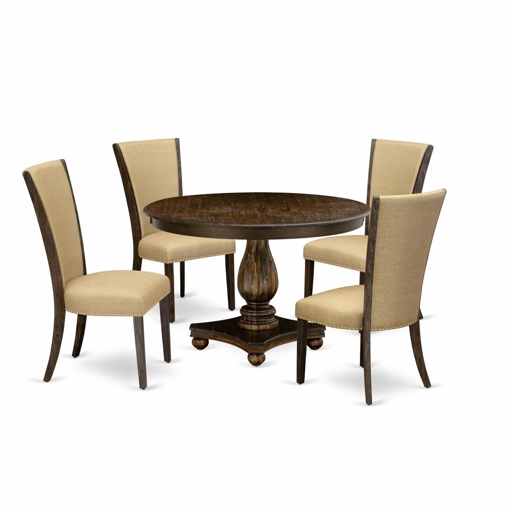 East West Furniture 5-Piece Modern Dining Set - Pedestal Dining Table and 4 Brown Color Parson Dining Chairs with High Back - Distressed Jacobean Finish. Picture 2