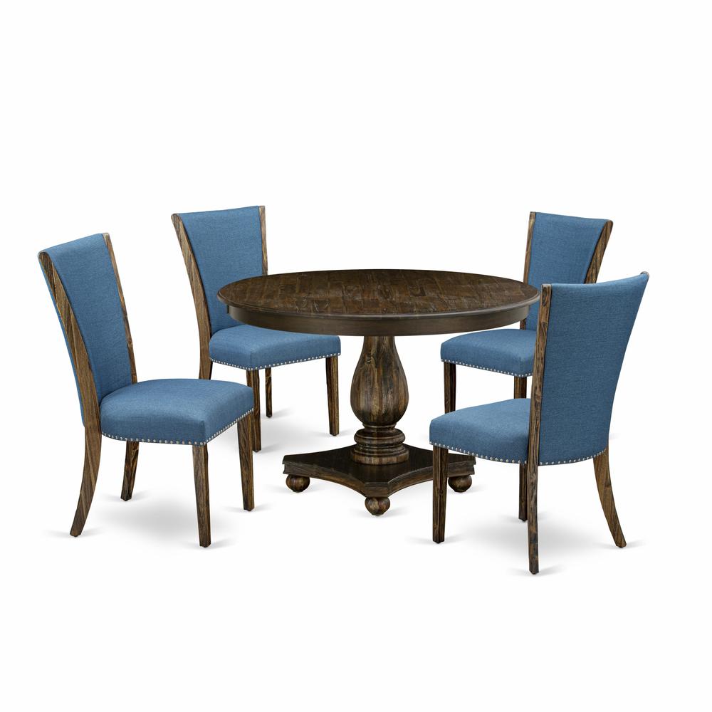 East West Furniture 5-Piece Modern Dining Set - Pedestal Dinning Table and 4 Blue Color Parson Dining Room Chairs with High Back - Distressed Jacobean Finish. Picture 2