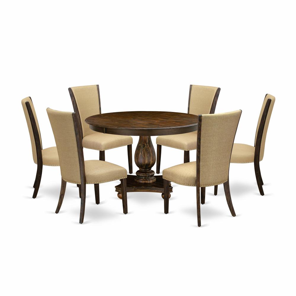 East West Furniture 7-Piece Modern Dining Set - Pedestal Dining Table and 6 Brown Color Parson Padded Chairs with High Back - Distressed Jacobean Finish. Picture 2