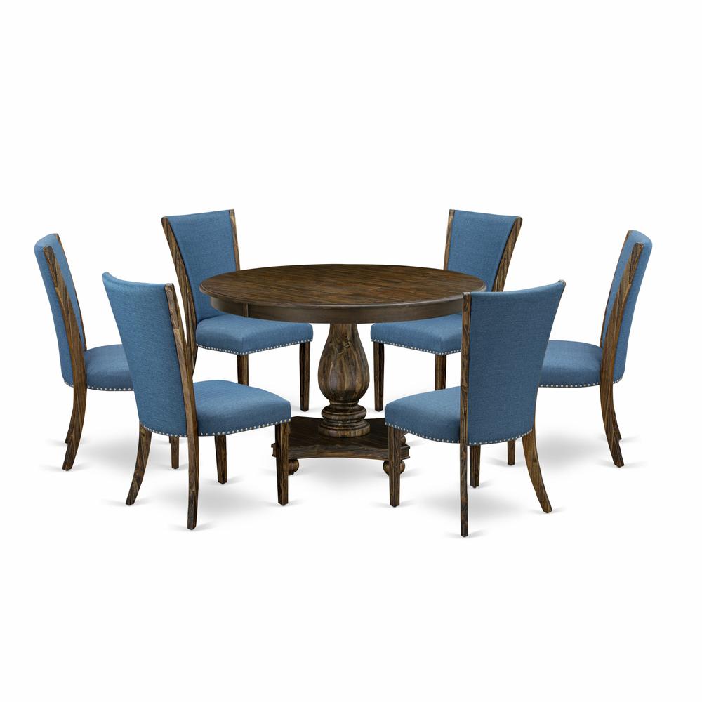 East West Furniture 7-Pc Kitchen Table Set - Pedestal Dining Table and 6 Blue Color Parson Kitchen Chairs with High Back - Distressed Jacobean Finish. Picture 2