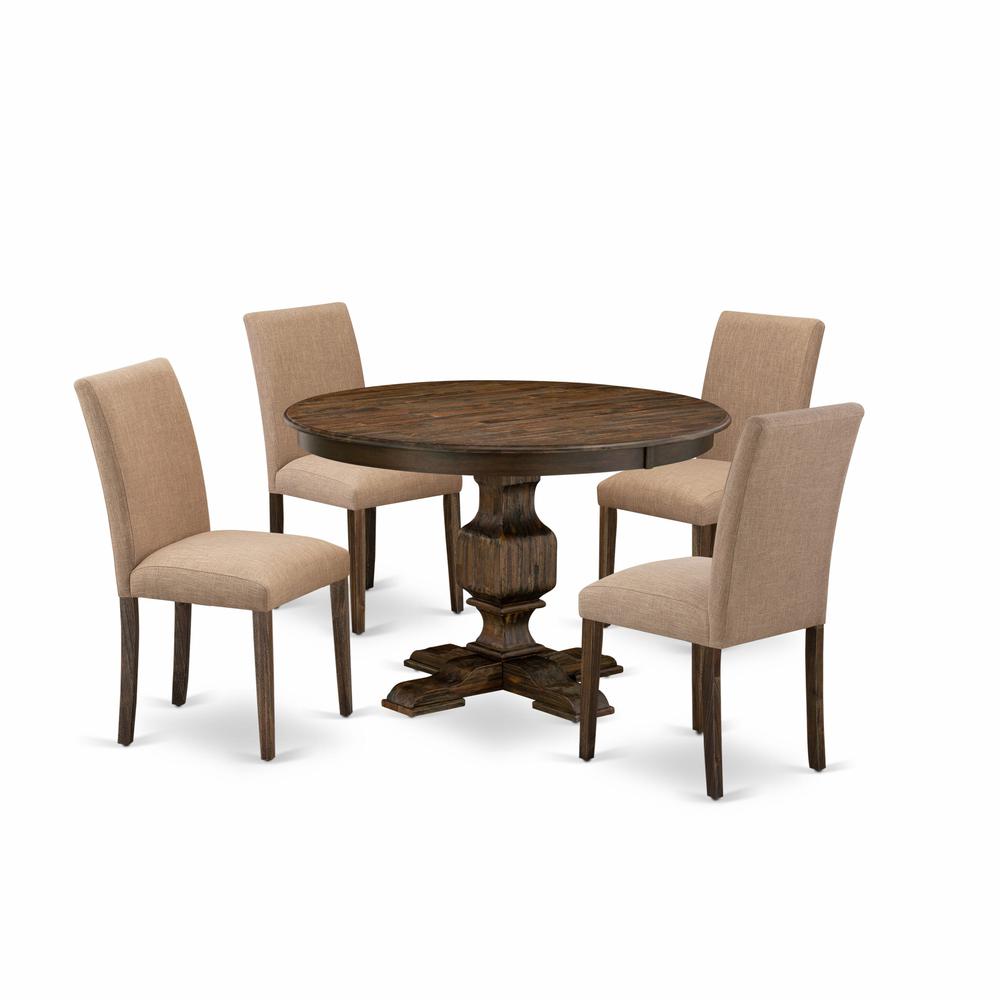 East West Furniture 5 Piece Dining Set Consists of a Mid Century Dining Table and 4 Light Sable Linen Fabric Upholstered Chairs with High Back - Distressed Jacobean Finish. Picture 2