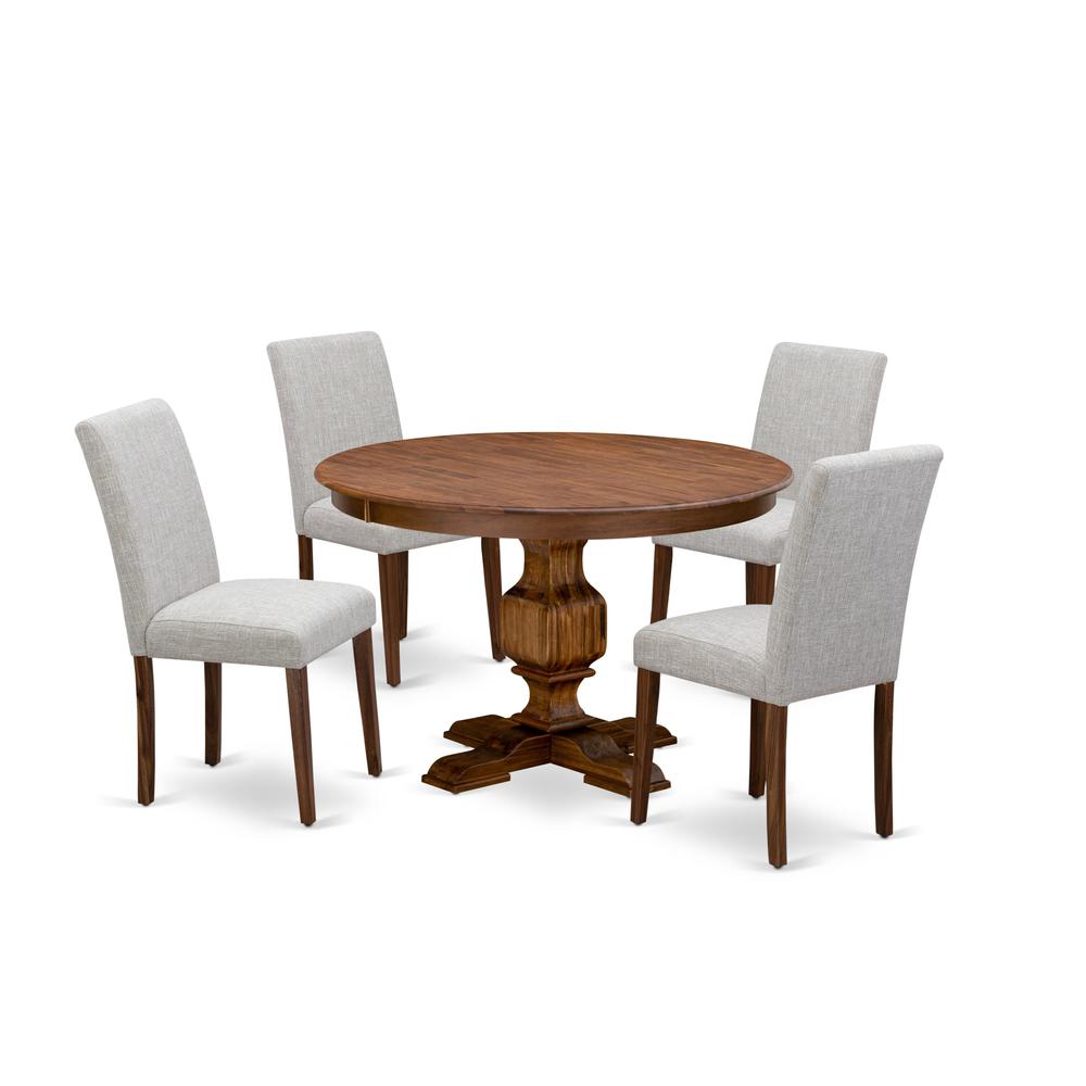East West Furniture 5-Pc Kitchen Dining Table Set - Modern Kitchen Pedestal Table and 4 Doeskin Color Parson Chairs with High Back - Antique Walnut Finish. Picture 2