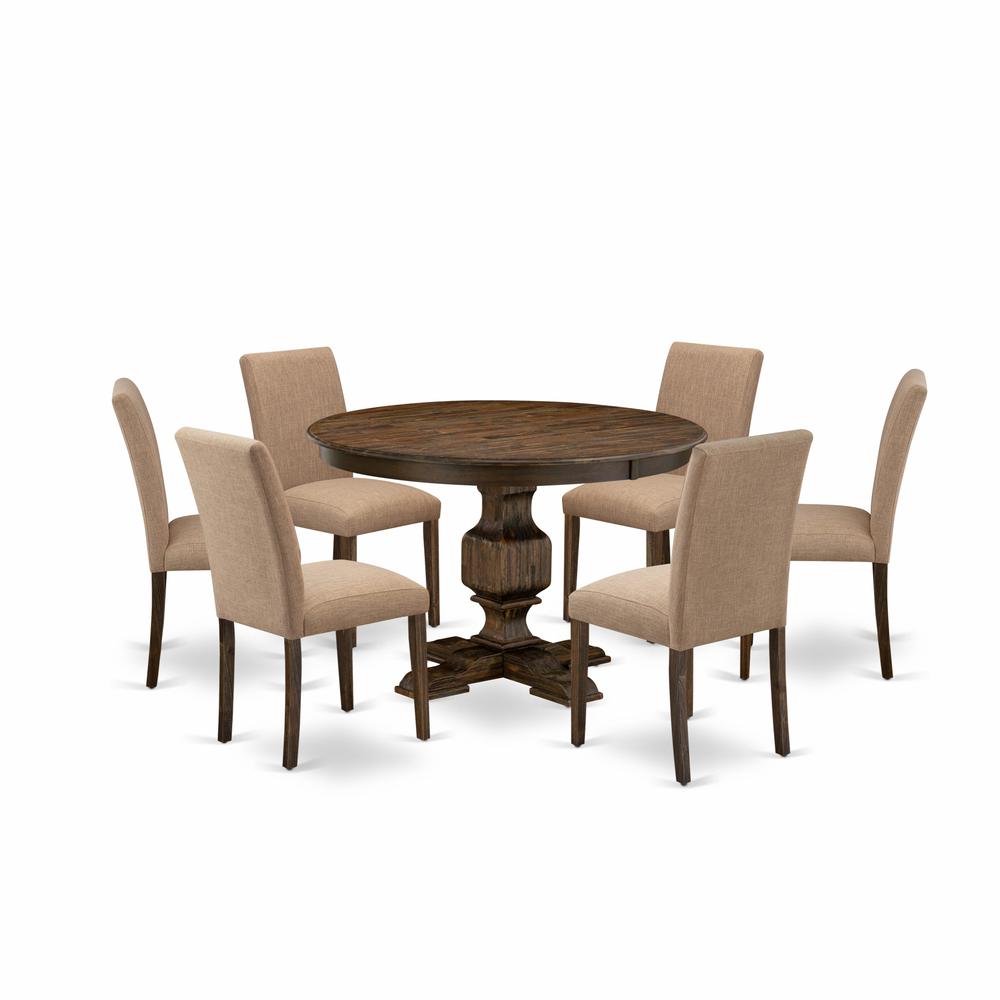 East West Furniture 7 Piece Dining Room Table Set Contains a Wooden Dining Table and 6 Light Sable Linen Fabric Kitchen Chairs with High Back - Distressed Jacobean Finish. Picture 2