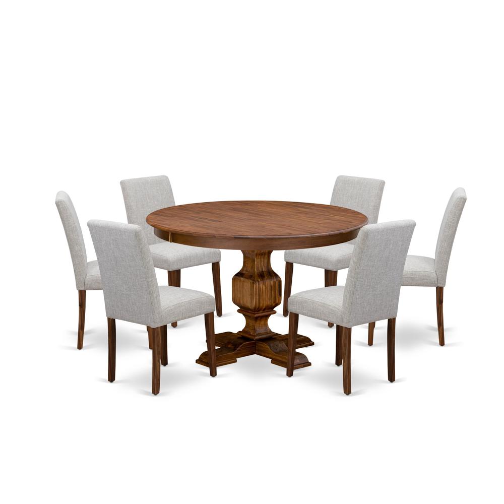 East West Furniture 7-Pc Kitchen Table Set - Pedestal Dining Table and 6 Doeskin Color Parson Padded Chairs with High Back - Antique Walnut Finish. Picture 2