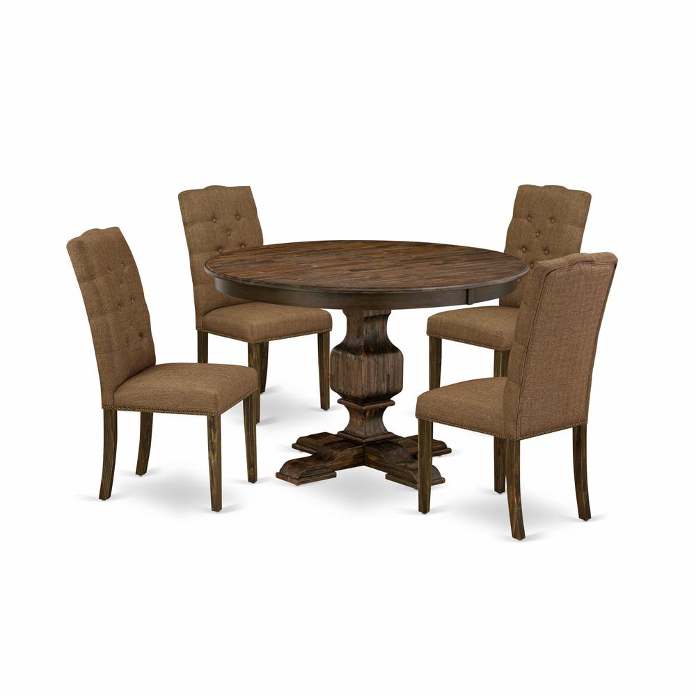 East West Furniture 5 Piece Dining Set Contains a Modern Dining Table and 4 Brown Linen Fabric Dining Chairs with Button Tufted Back - Distressed Jacobean Finish. Picture 2