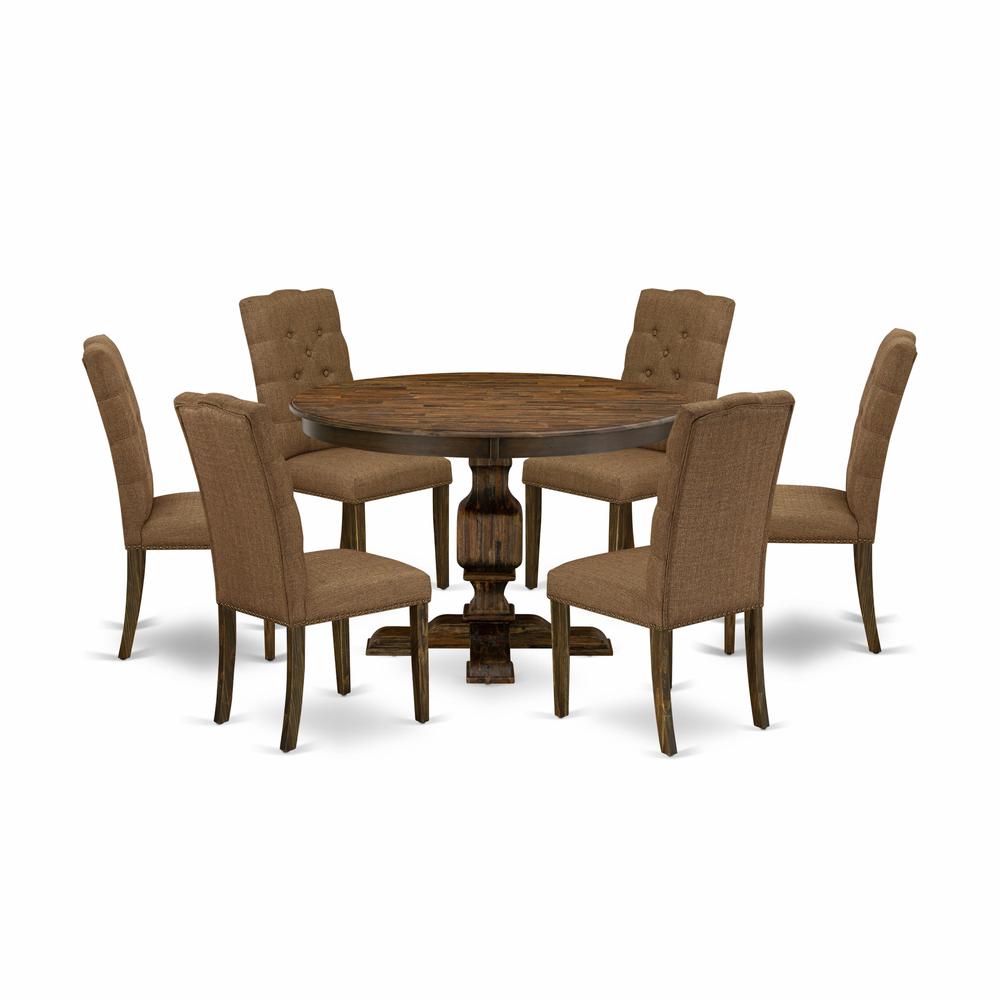 East West Furniture 7 Piece Mid Century Modern Dining Set Includes a Dining Table and 6 Brown Linen Fabric Dining Chairs with Button Tufted Back - Distressed Jacobean Finish. Picture 2