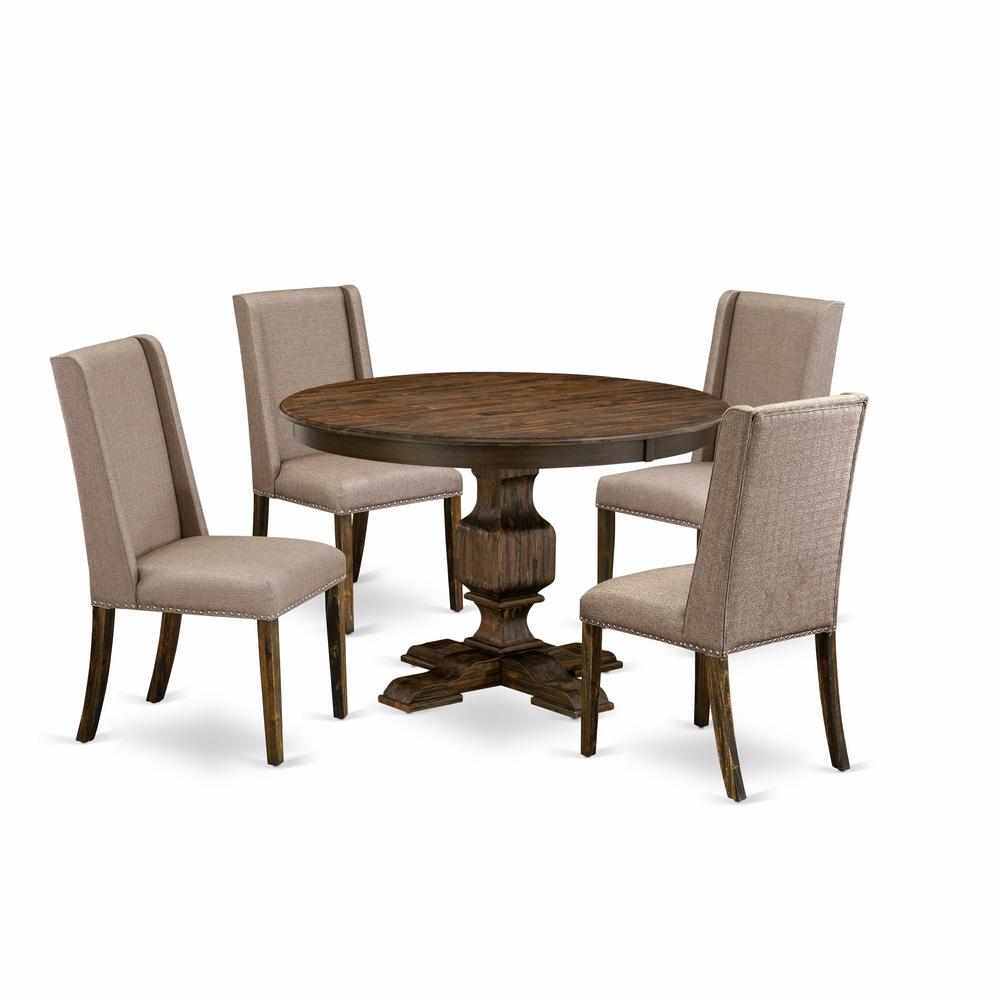 East West Furniture 5 Piece Dining Set Contains a Modern Dining Table and 4 Dark Khaki Linen Fabric Modern Dining Chairs with High Back - Distressed Jacobean Finish. Picture 2