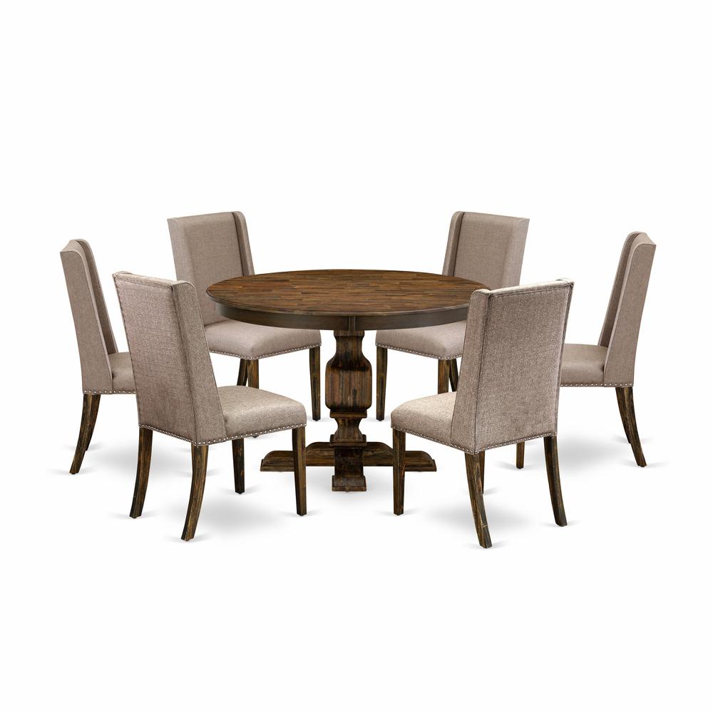 East West Furniture 7 Piece Dining Table Set Contains a Wooden Dining Table and 6 Dark Khaki Linen Fabric Dining Room Chairs with High Back - Distressed Jacobean Finish. Picture 2