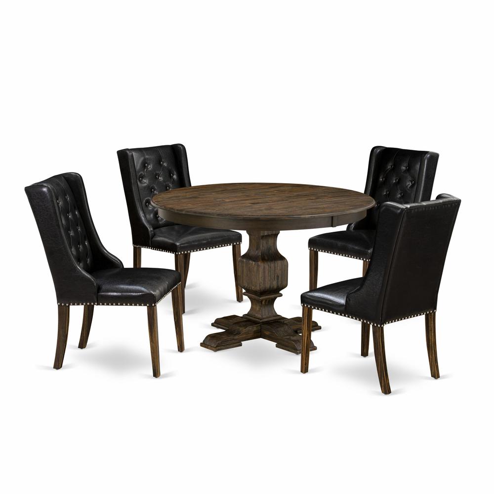 East West Furniture 5 Piece Dinner Table Set Consists of a Wooden Dining Table and 4 Black PU Leather Mid Century Dining Chairs with Button Tufted Back - Distressed Jacobean Finish. Picture 2