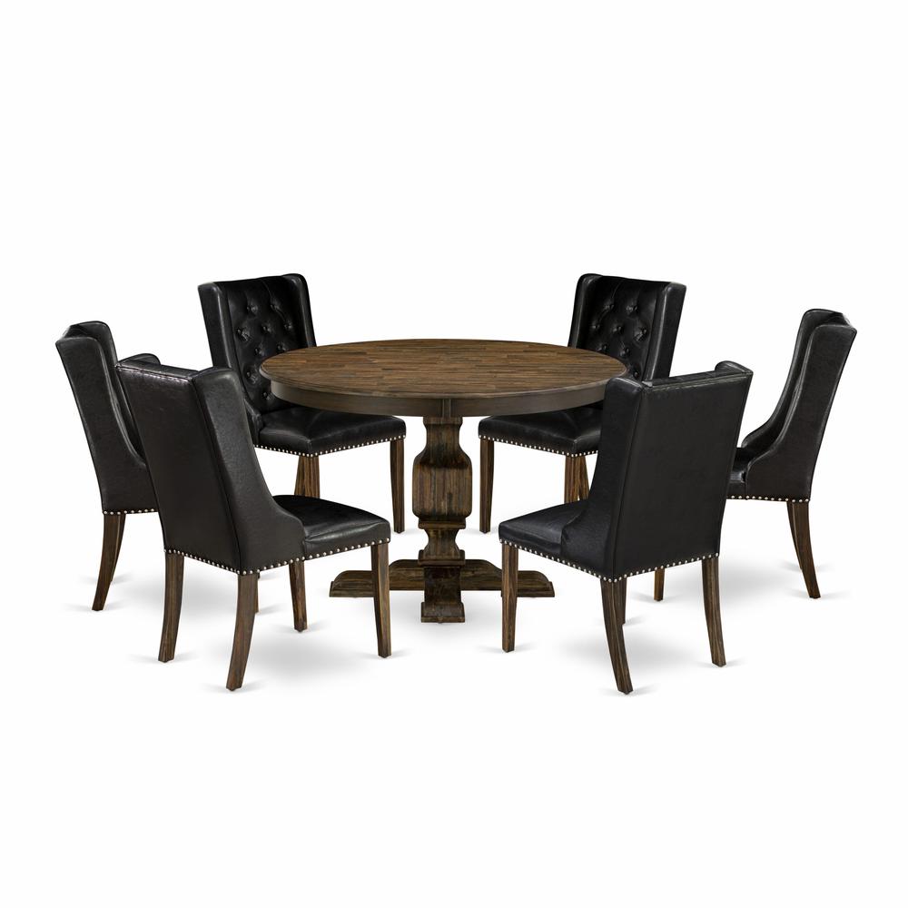 East West Furniture 7 Piece Kitchen Dining Table Set Consists of a Dinner Table and 6 Black PU Leather Dining Room Chairs with Button Tufted Back - Distressed Jacobean Finish. Picture 2