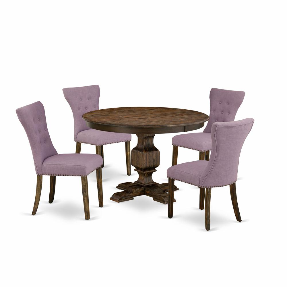 East West Furniture 5 Piece Dining Room Table Set Contains a Dinner Table and 4 Dahlia Linen Fabric Upholstered Chairs with Button Tufted Back - Distressed Jacobean Finish. Picture 2