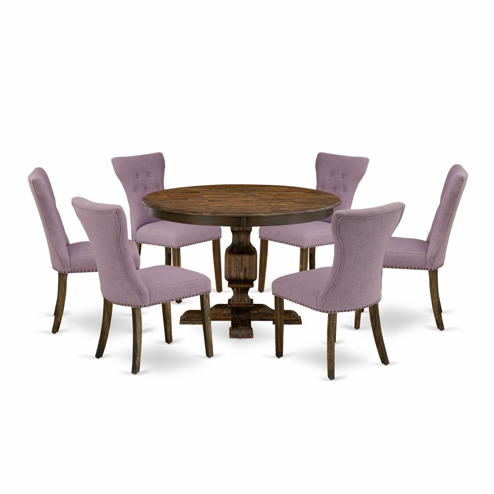 East West Furniture 7 Piece Modern Dining Set Includes a Dining Table and 6 Dahlia Linen Fabric Dining Chairs with Button Tufted Back - Distressed Jacobean Finish. Picture 2