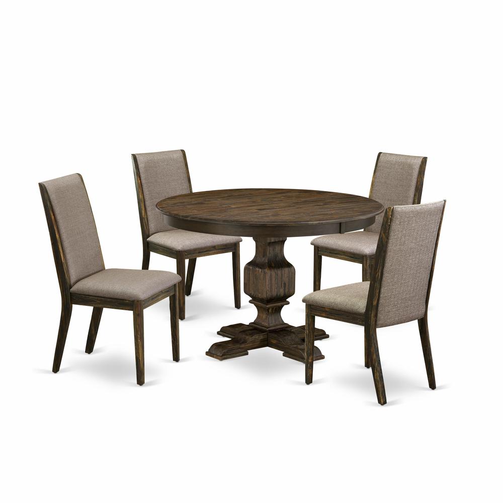 East West Furniture 5 Piece Modern Dining Set Consists of a Modern Kitchen Table and 4 Dark Khaki Linen Fabric Mid Century Modern Dining Chairs with High Back - Distressed Jacobean Finish. Picture 2