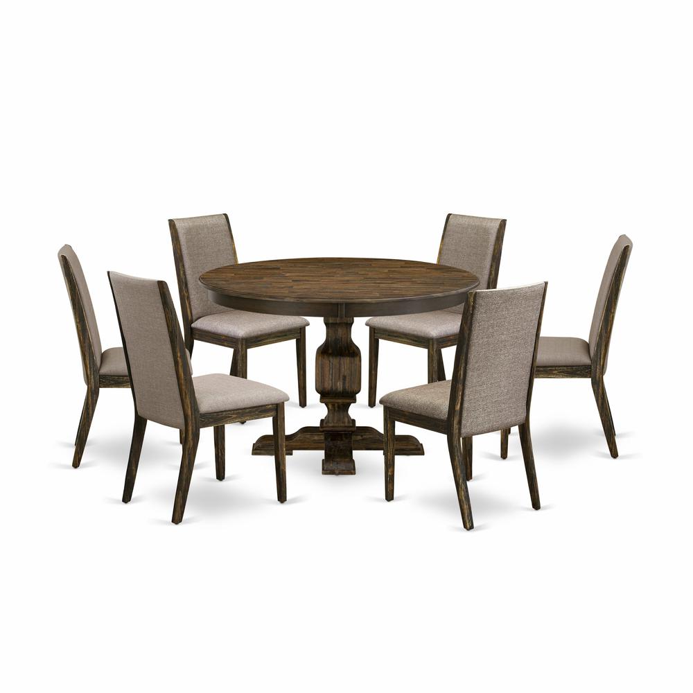 East West Furniture 7 Piece Kitchen Table Set Contains a Kitchen Table and 6 Dark Khaki Linen Fabric Dining Room Chairs with High Back - Distressed Jacobean Finish. Picture 2