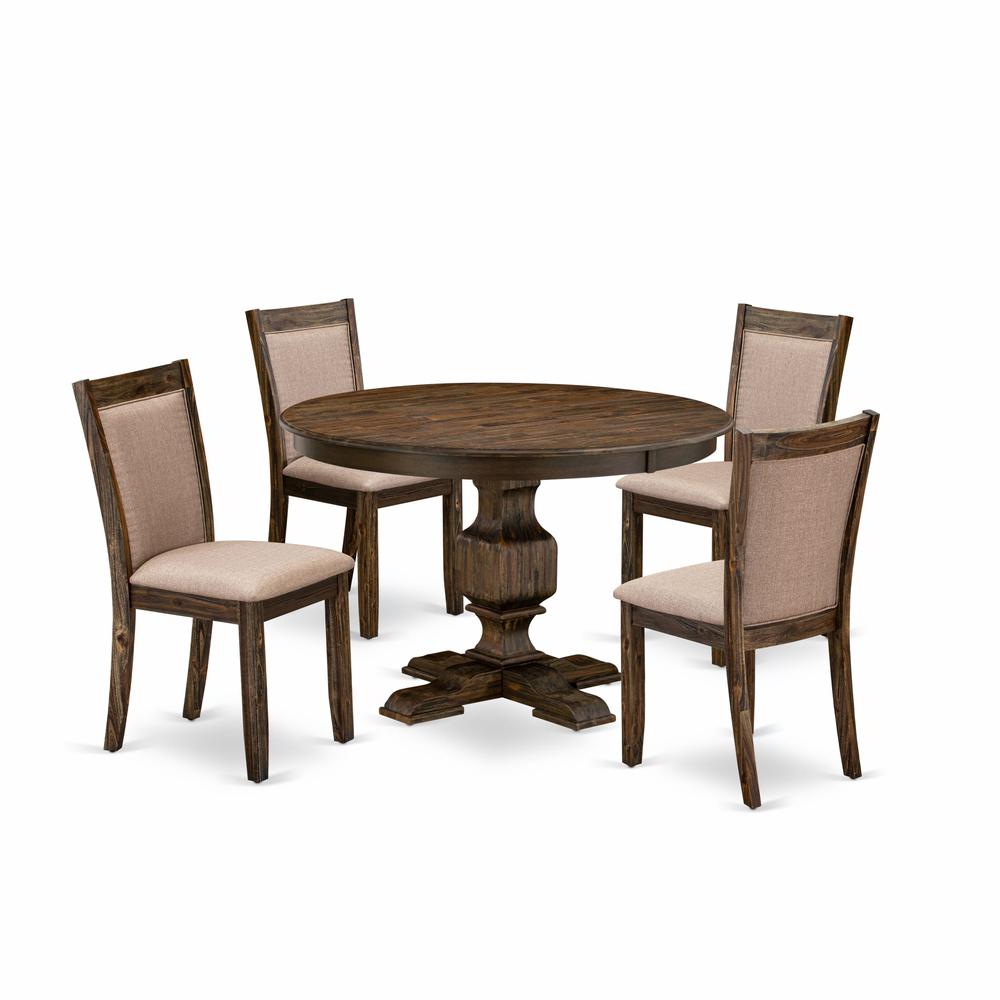 East West Furniture 5 Piece Modern Dining Table Set Consists of a Dining Room Table and 4 Dark Khaki Linen Fabric Upholstered Dining Chairs with High Back - Distressed Jacobean Finish. Picture 2