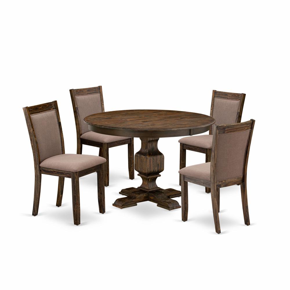 East West Furniture 5-Pc Dining Set - Kitchen Pedestal Table and 4 Coffee Color Parson Padded Chairs with High Back - Distressed Jacobean Finish. Picture 2